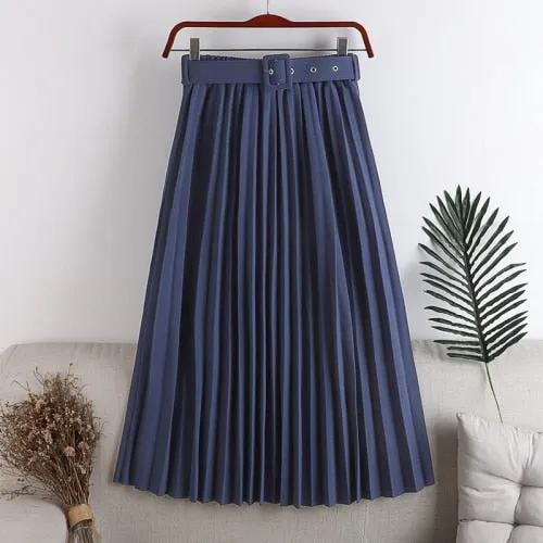 High-Waist Pleated Skirt with Belt