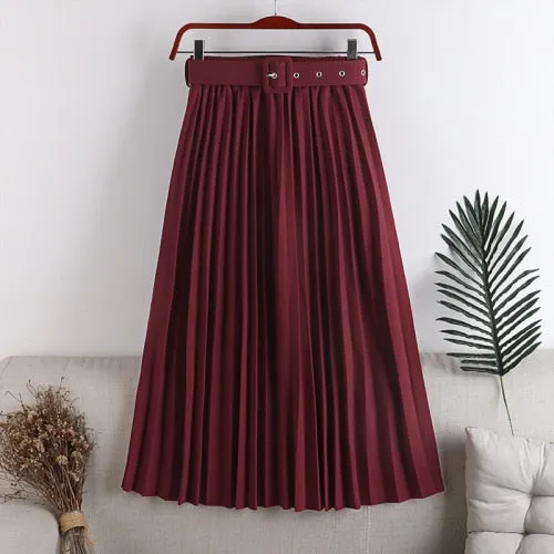 High-Waist Pleated Skirt with Belt