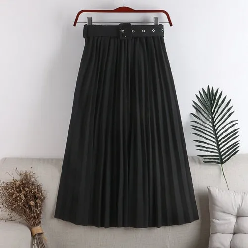 High-Waist Pleated Skirt with Belt