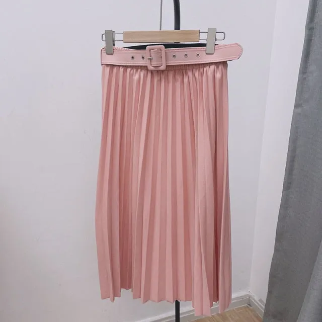 High-Waist Pleated Skirt with Belt