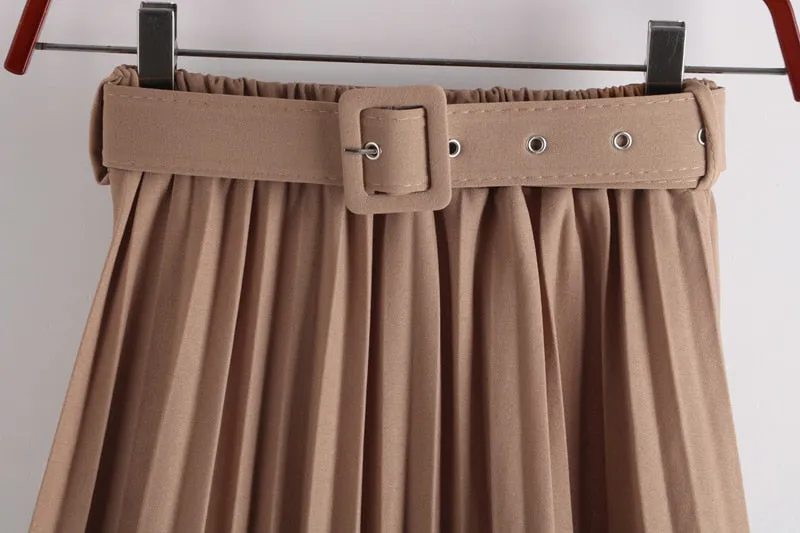 High-Waist Pleated Skirt with Belt