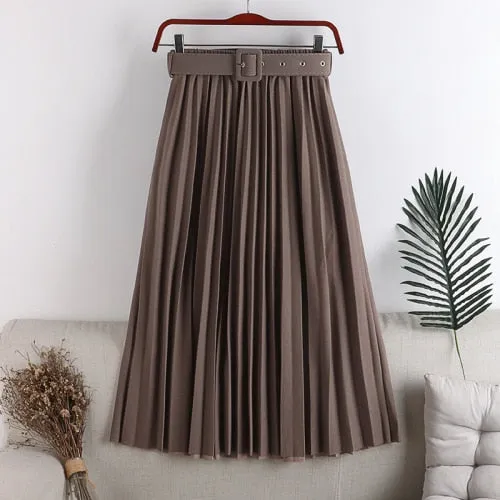 High-Waist Pleated Skirt with Belt