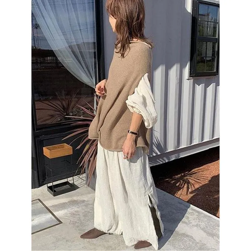 Japanese solid color long sleeve shirt Dress With loose knit sweater two piece suit