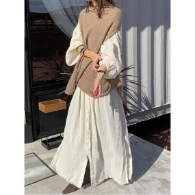 Japanese solid color long sleeve shirt Dress With loose knit sweater two piece suit
