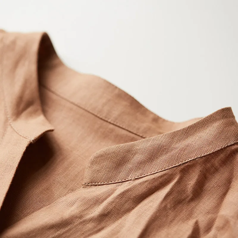 Khaki Linen Women Dresses 3/4 Sleeves Spring Summer Women Dresses With Waist Belt XH9601