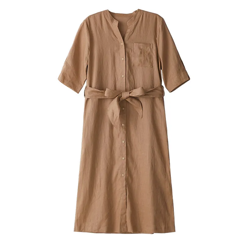 Khaki Linen Women Dresses 3/4 Sleeves Spring Summer Women Dresses With Waist Belt XH9601