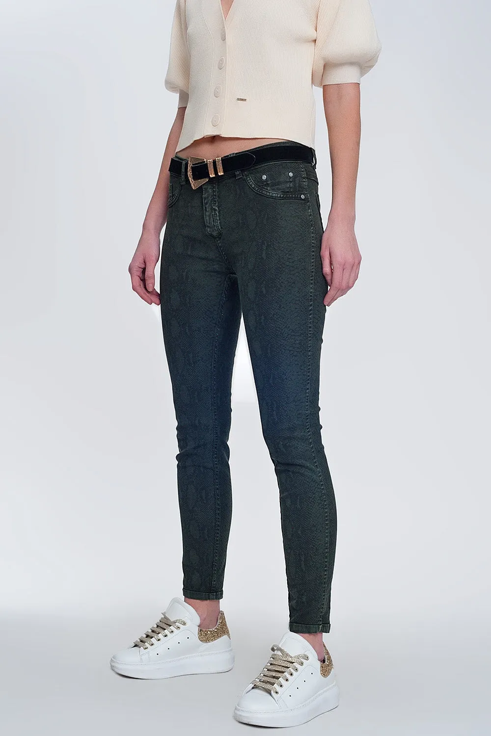 Khaki super skinny reversible pants with snake print