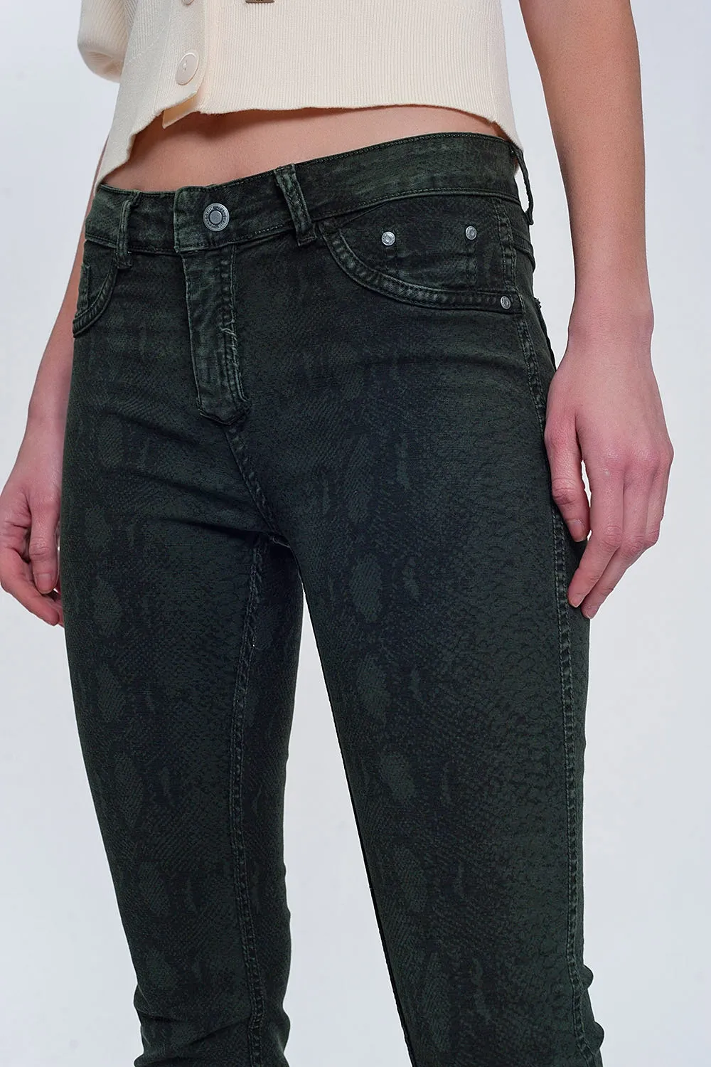 Khaki super skinny reversible pants with snake print