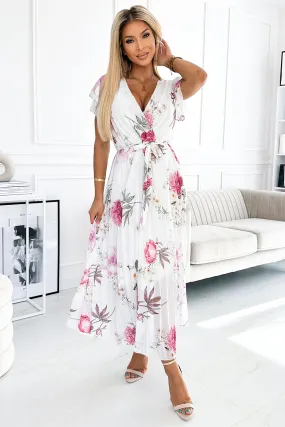LISA Pleated midi dress with a neckline and frills - spring flowers on a white background