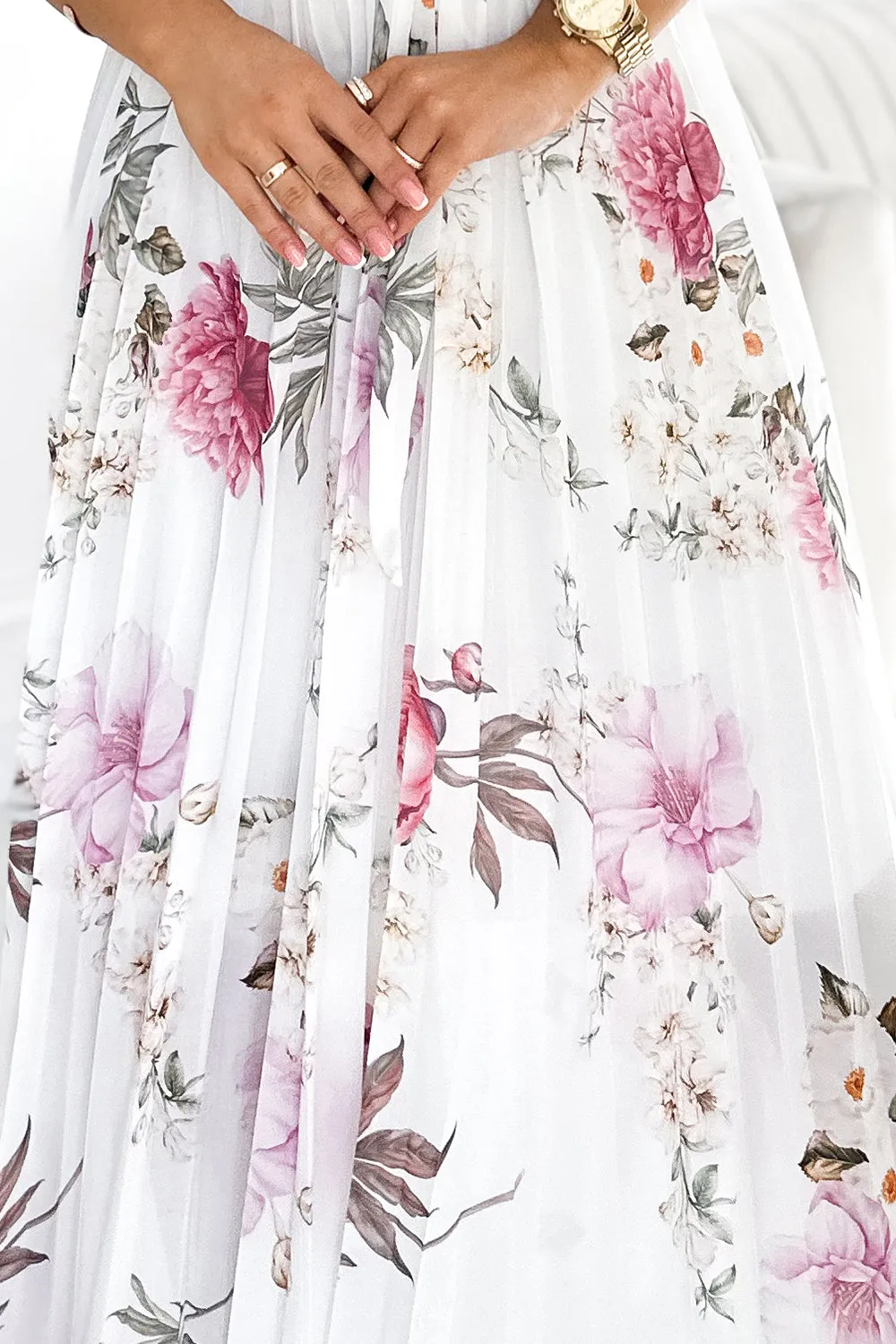 LISA Pleated midi dress with a neckline and frills - spring flowers on a white background
