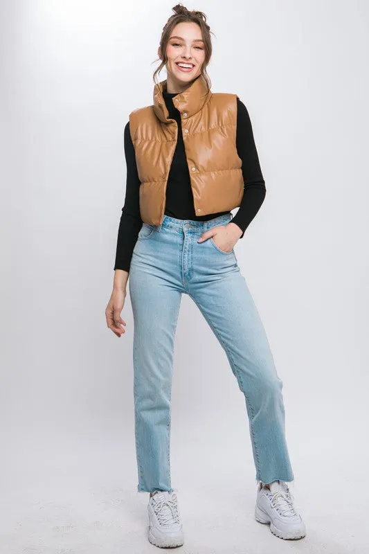 Love Tree PU Faux Leather puffer Vest With Snap Button