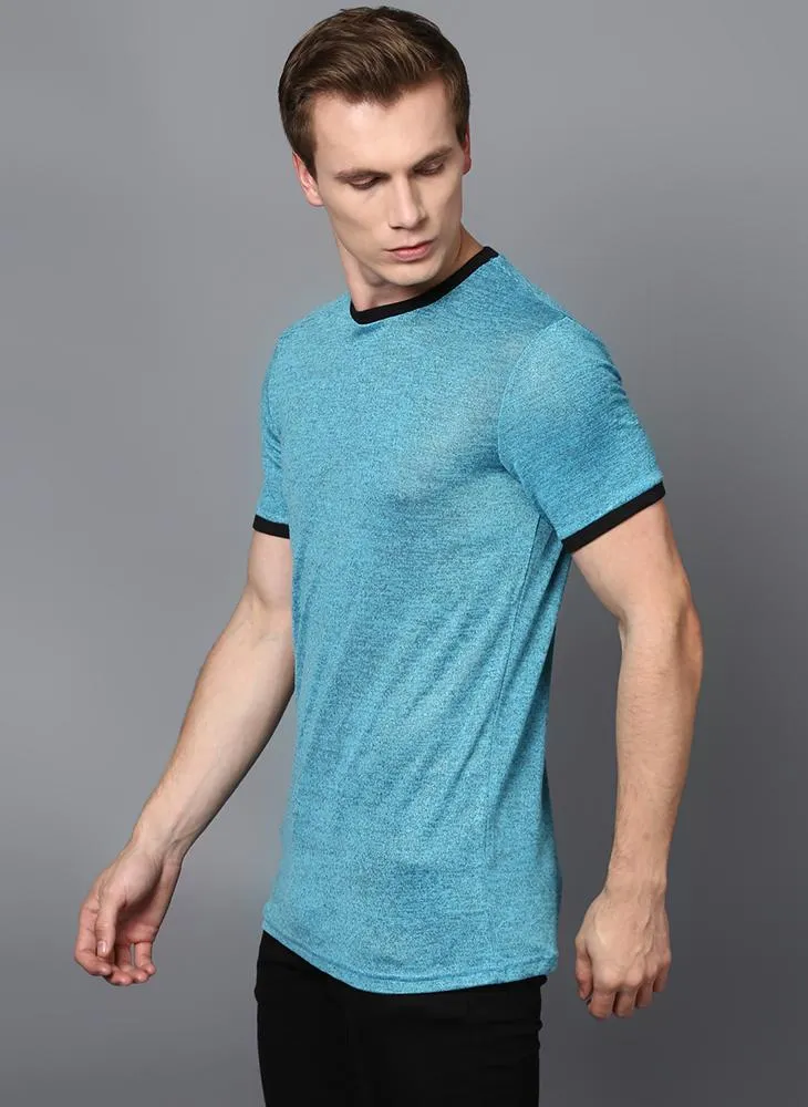 Melange Blue Crew Neck T-shirt with Contrast Rib