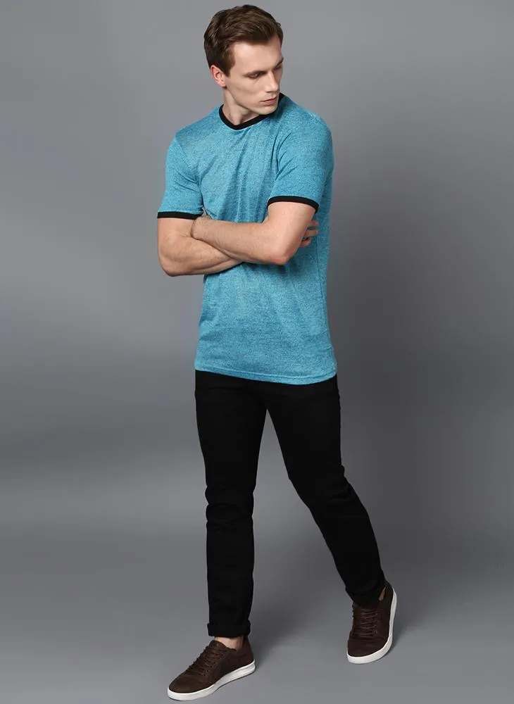 Melange Blue Crew Neck T-shirt with Contrast Rib