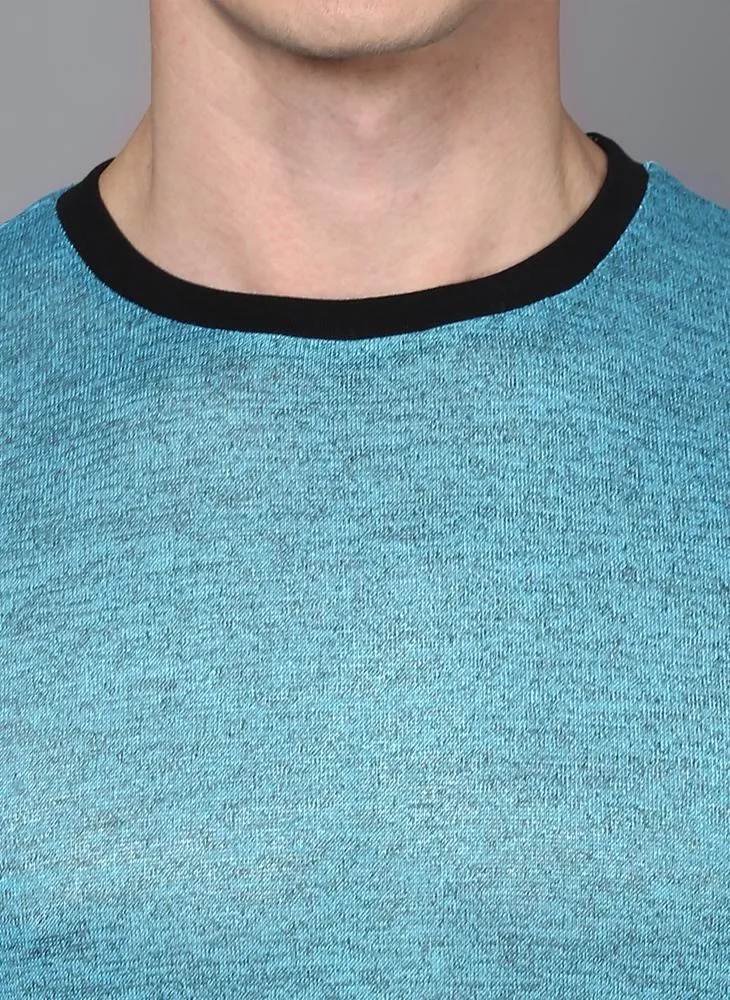 Melange Blue Crew Neck T-shirt with Contrast Rib