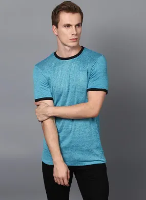 Melange Blue Crew Neck T-shirt with Contrast Rib