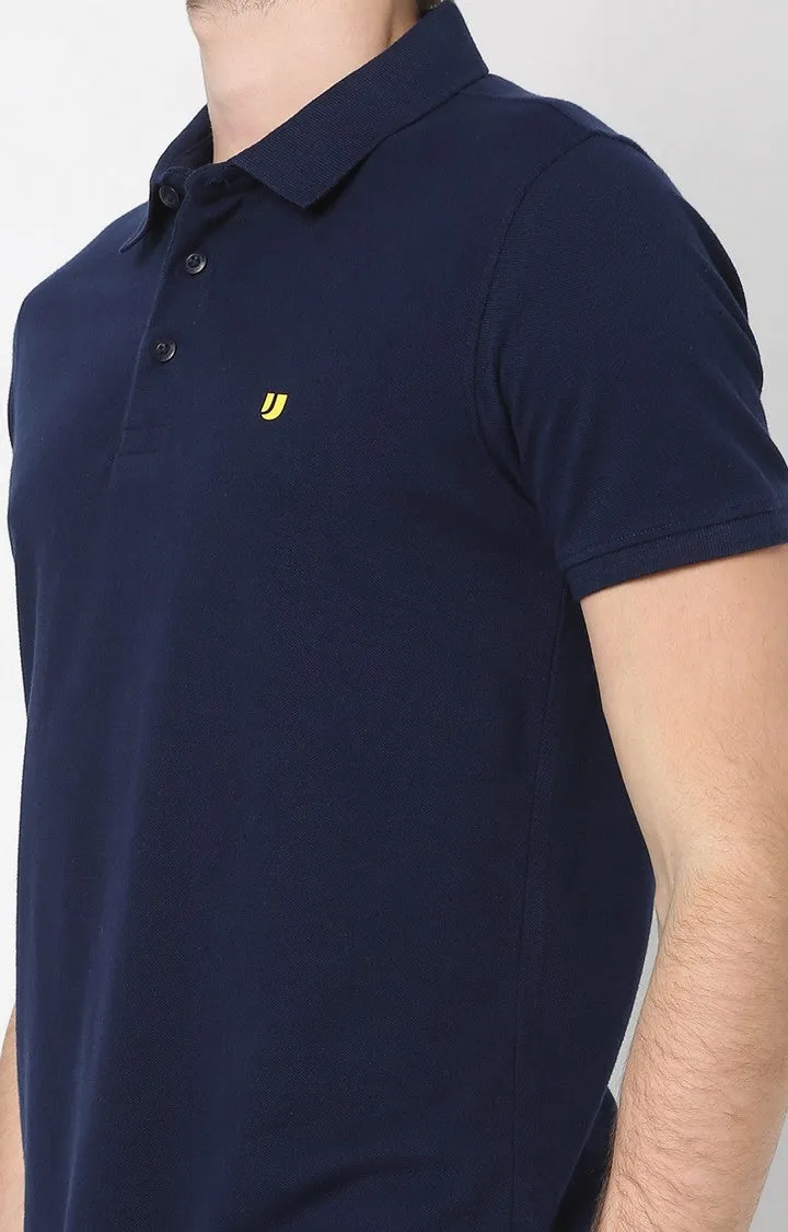 Men Premium Inkblue Cotton Regular Fit Polo T-Shirt - Underjeans By Spykar