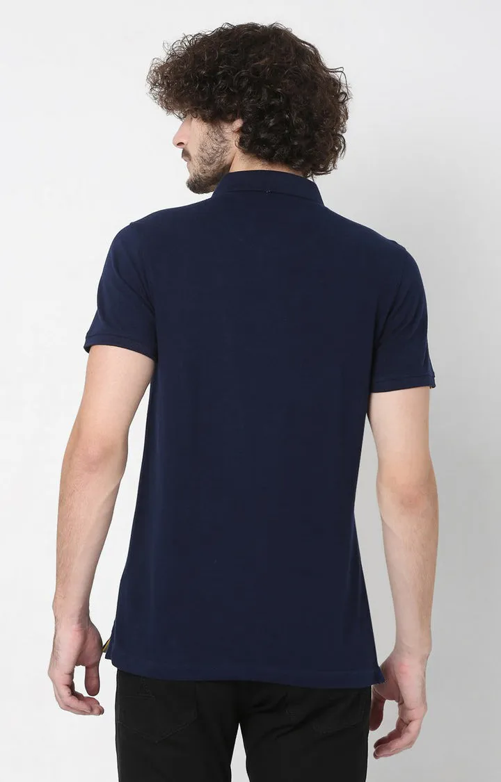 Men Premium Inkblue Cotton Regular Fit Polo T-Shirt - Underjeans By Spykar