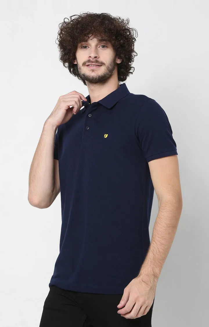 Men Premium Inkblue Cotton Regular Fit Polo T-Shirt - Underjeans By Spykar
