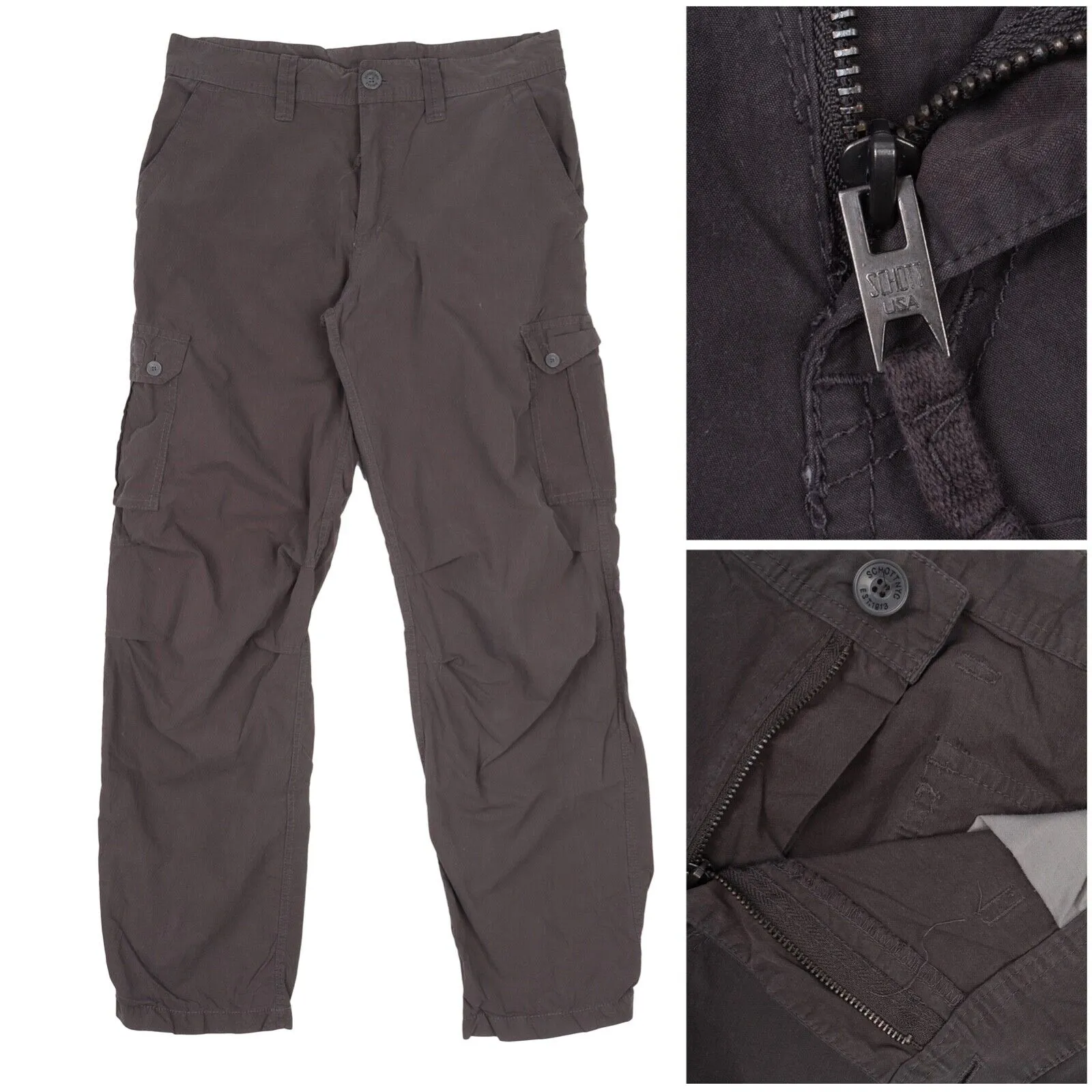 Men's SCHOTT NYC Grey Cotton Blend Military Cargo Pants Trousers Size 32