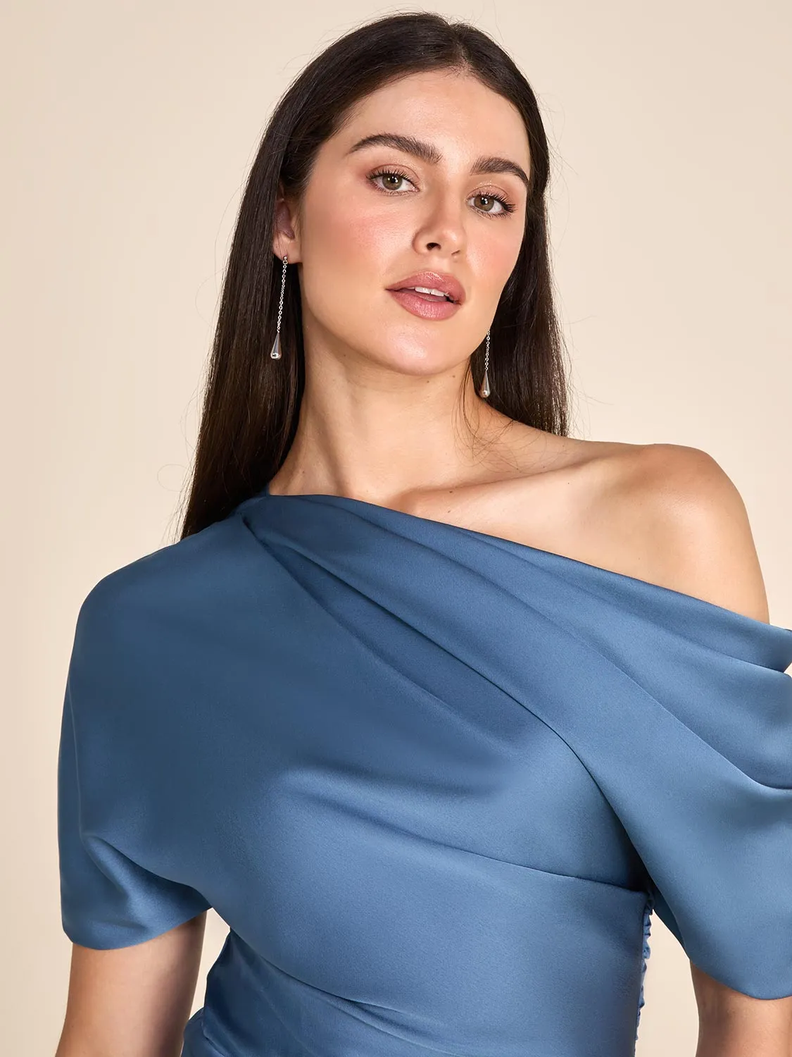 One-Shoulder Satin Gown With Pleated Detail