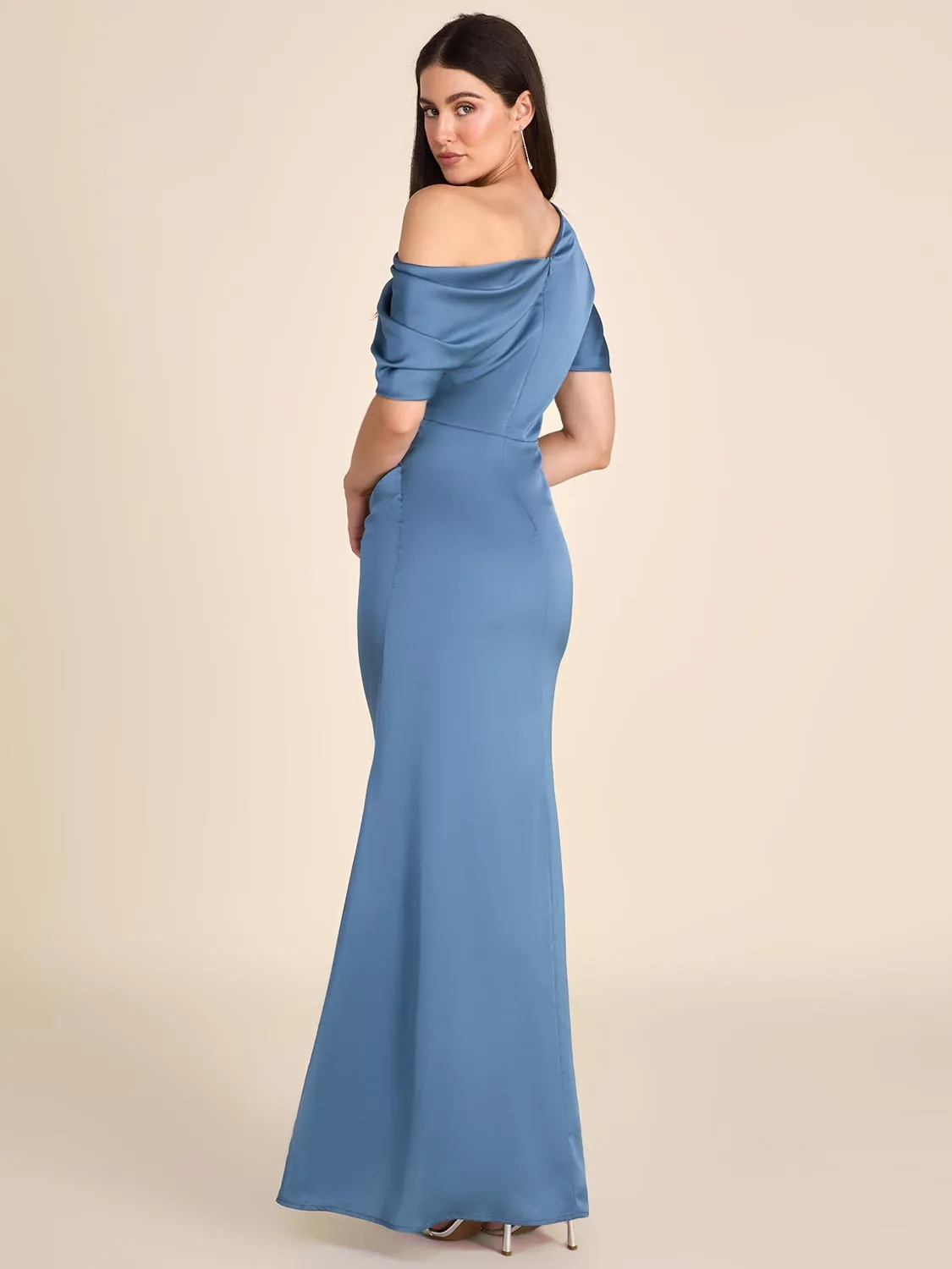 One-Shoulder Satin Gown With Pleated Detail