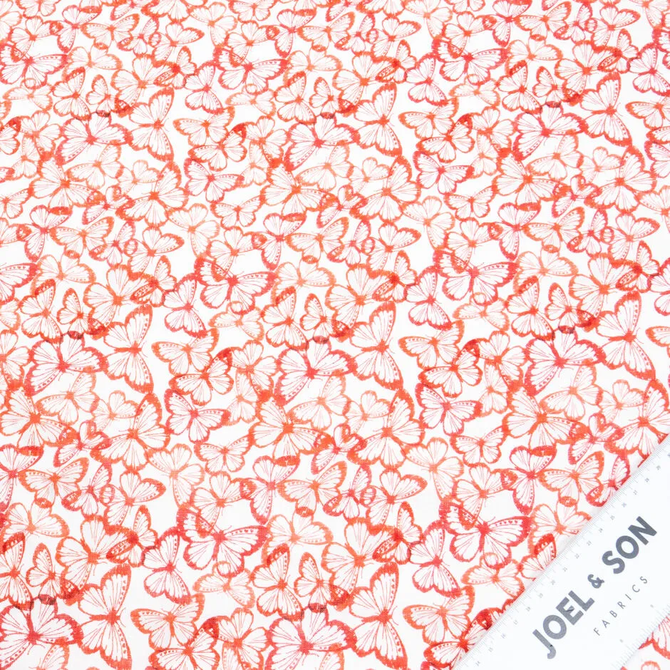 Orange & Red Butterfly Printed White Lightweight Linen