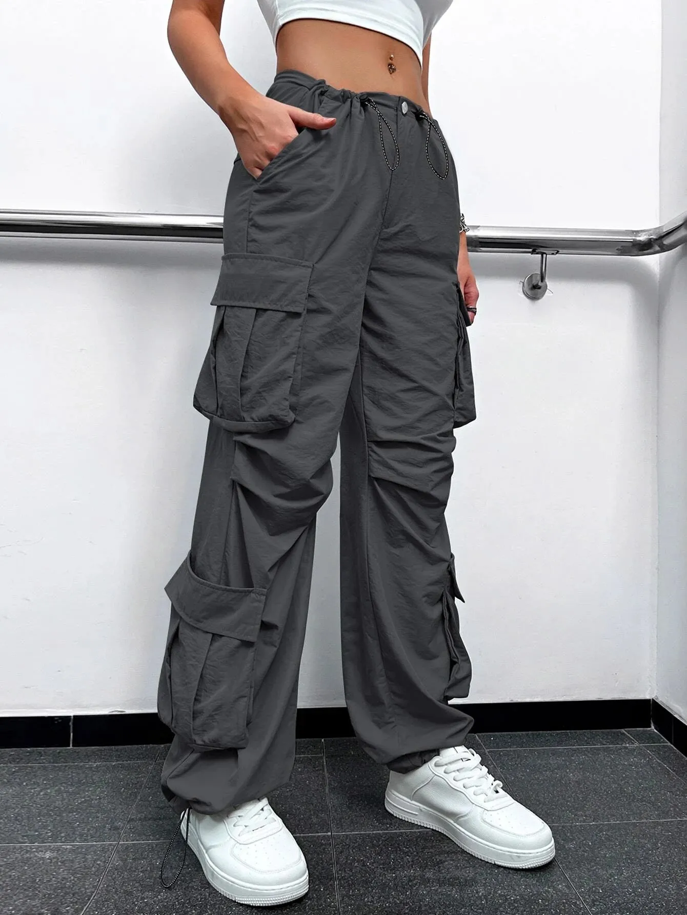 Plain High Waist Cargo Pants