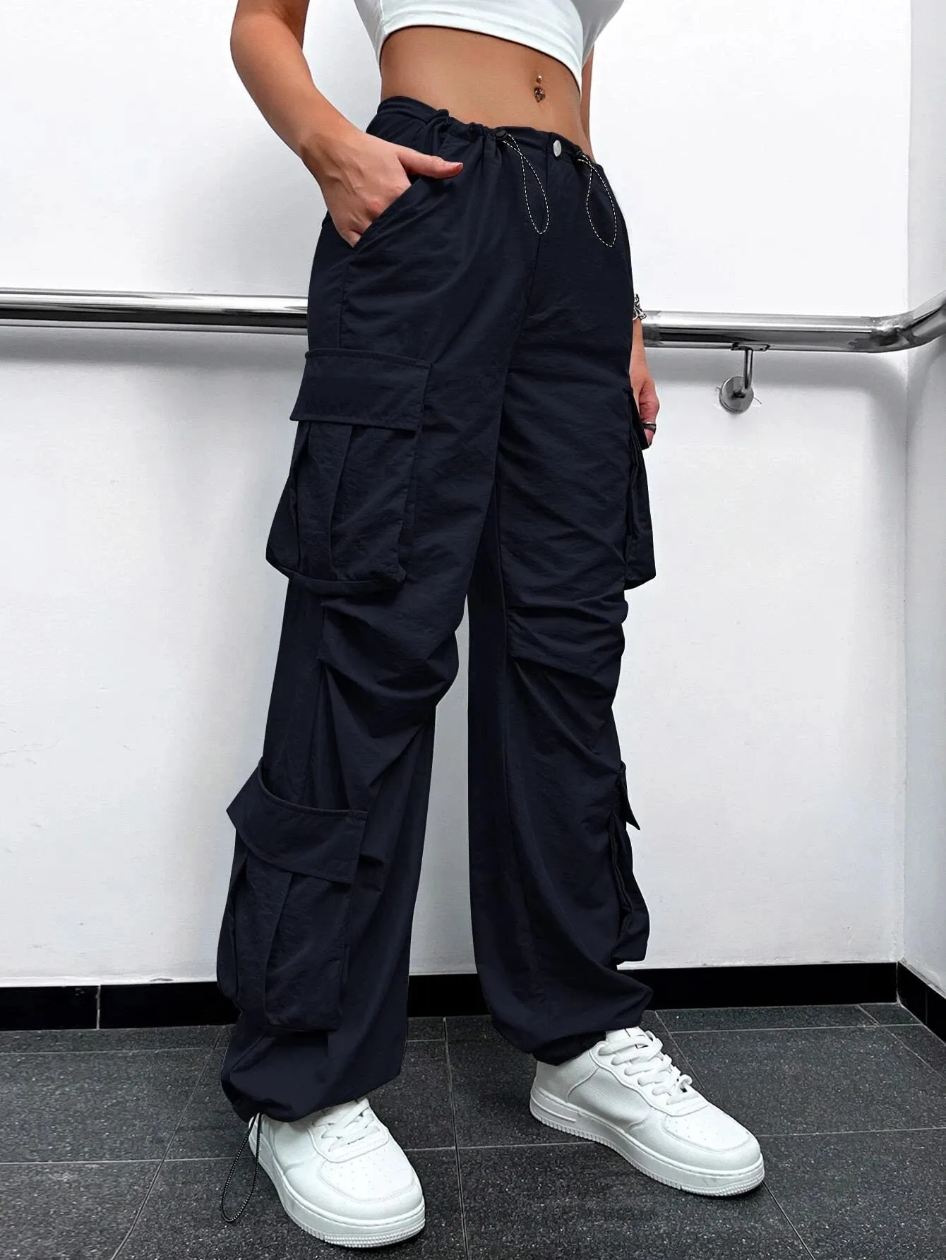 Plain High Waist Cargo Pants