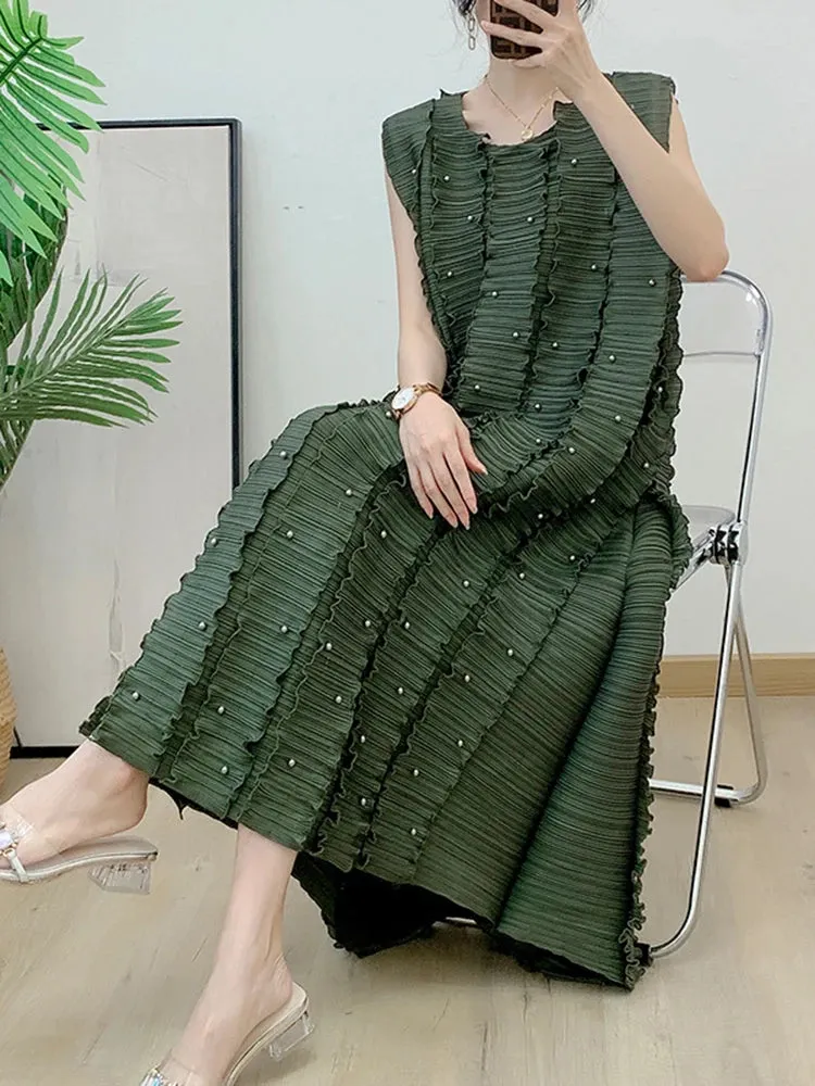 Pleated Beaded Sleeveless Midi Dress