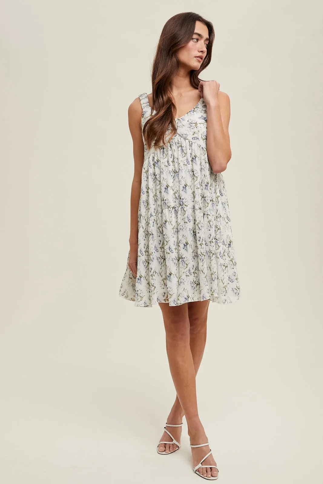 Pleated Floral Mini Dress - Cream/Blue