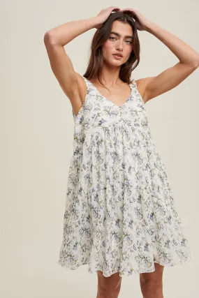 Pleated Floral Mini Dress - Cream/Blue