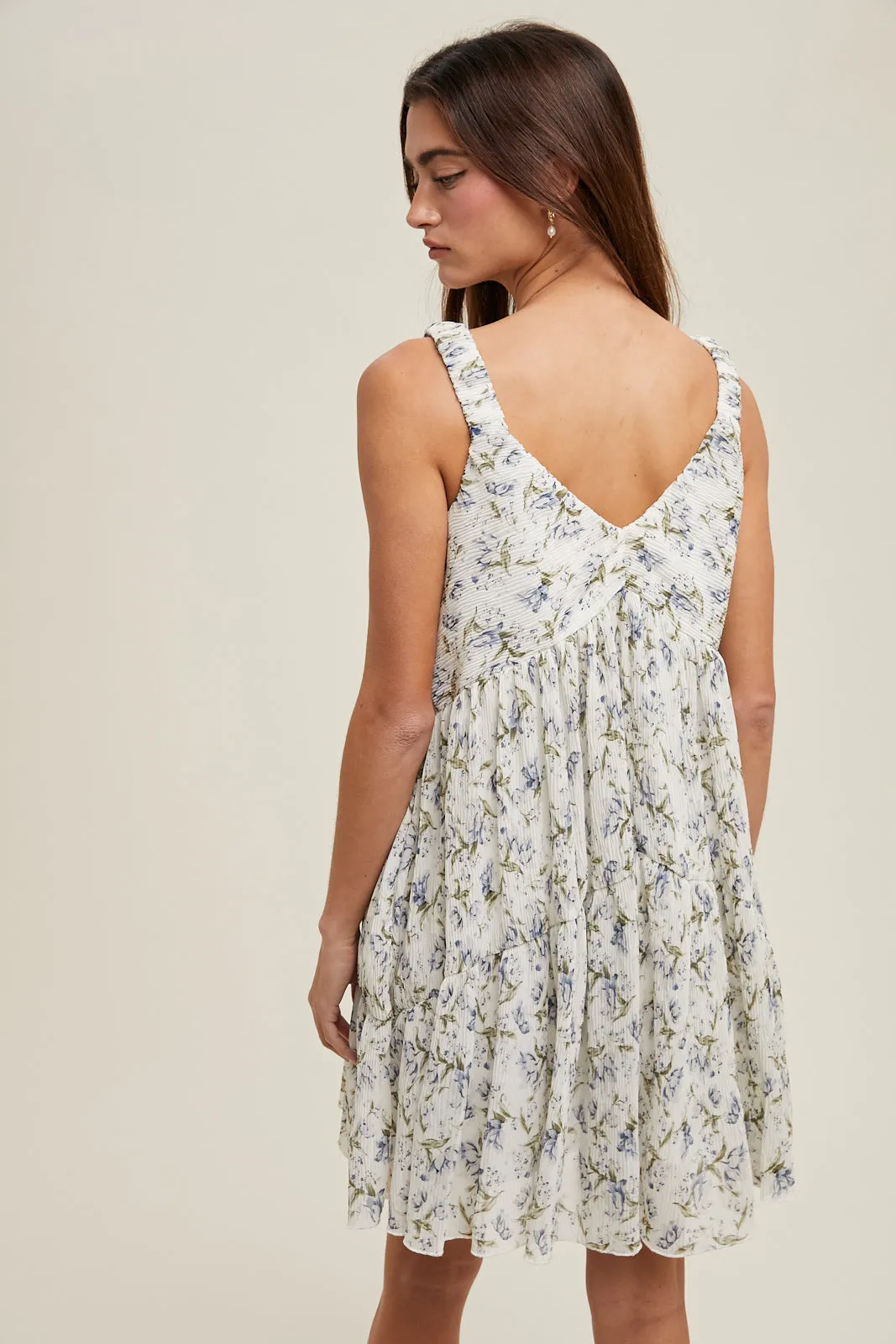 Pleated Floral Mini Dress - Cream/Blue