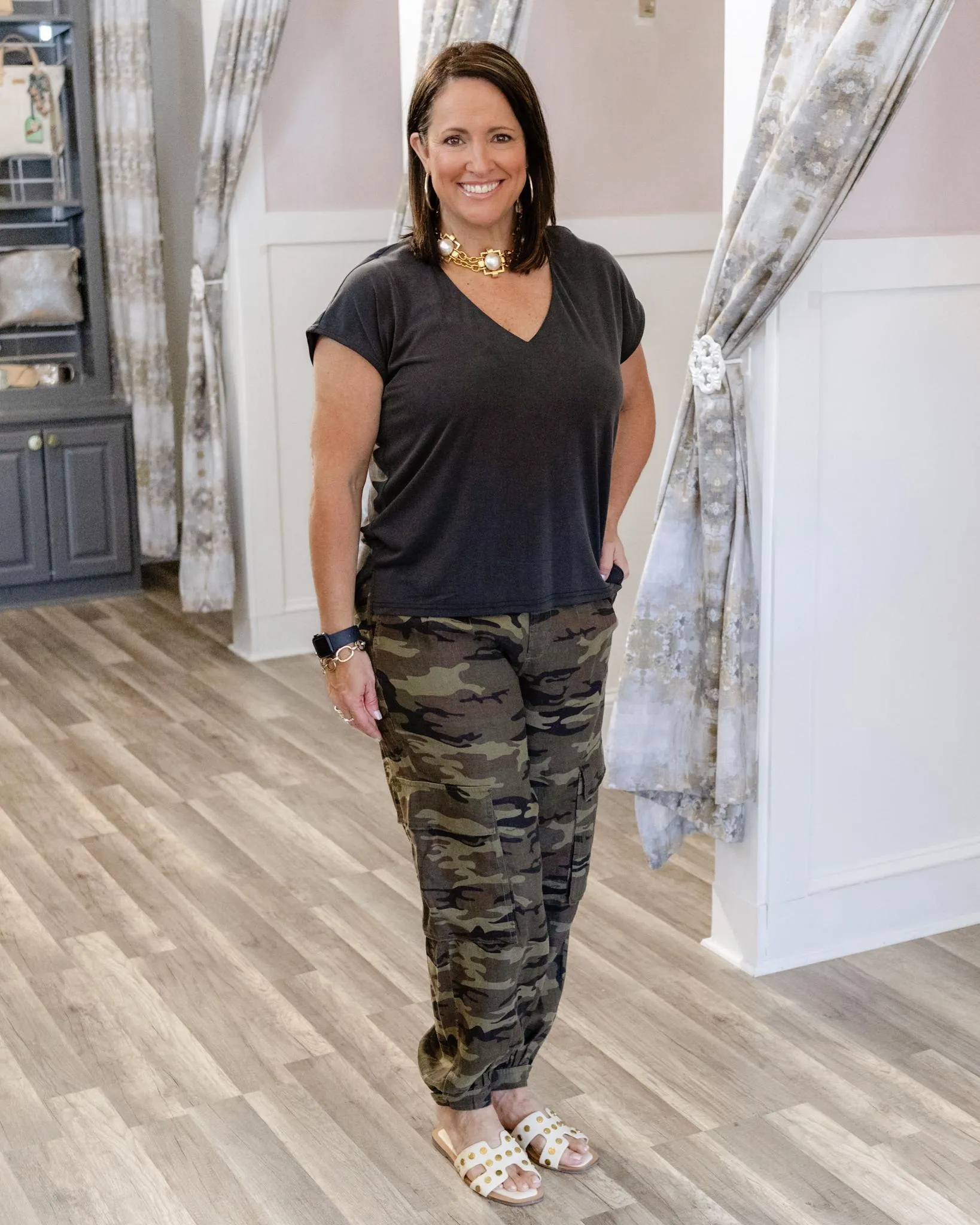 Pleated Linen Cargo Pants- Camo