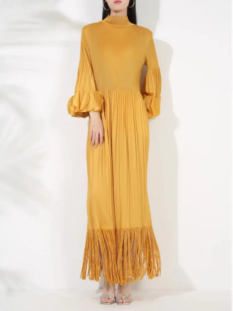 Pleated Long Sleeve Midi Dress with Tassels