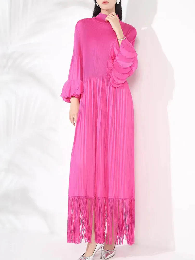 Pleated Long Sleeve Midi Dress with Tassels