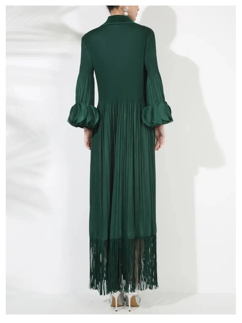 Pleated Long Sleeve Midi Dress with Tassels