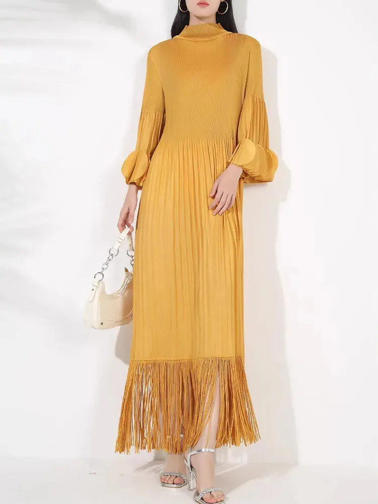 Pleated Long Sleeve Midi Dress with Tassels