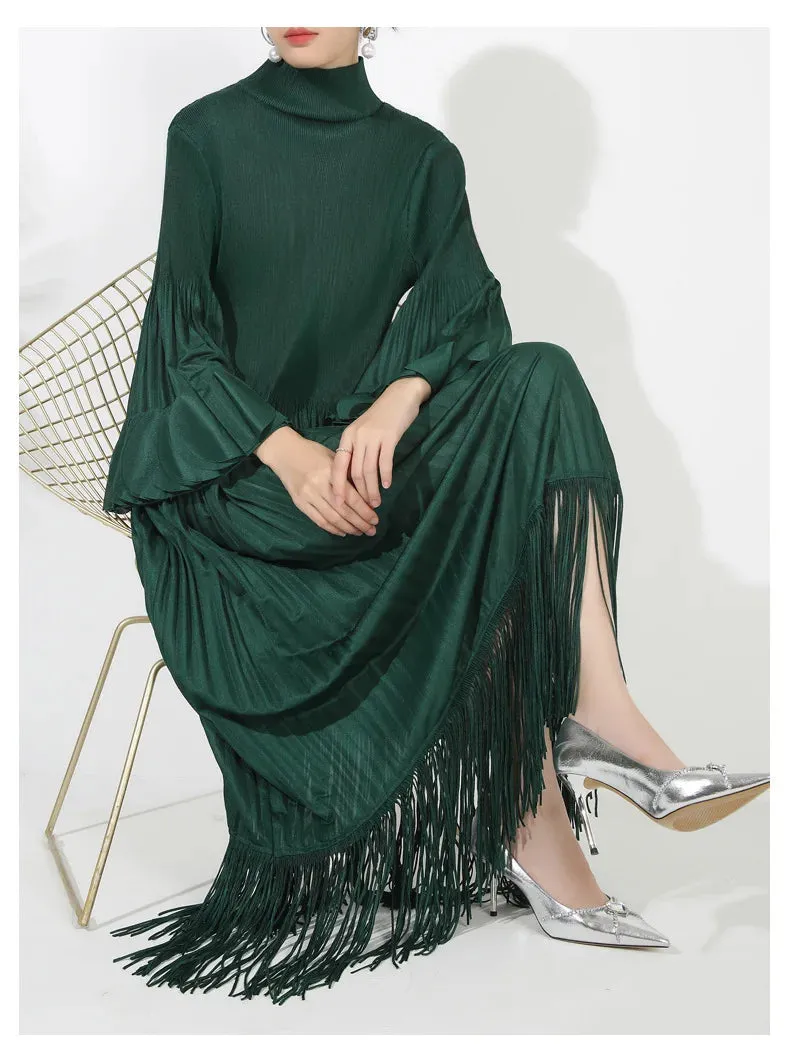 Pleated Long Sleeve Midi Dress with Tassels