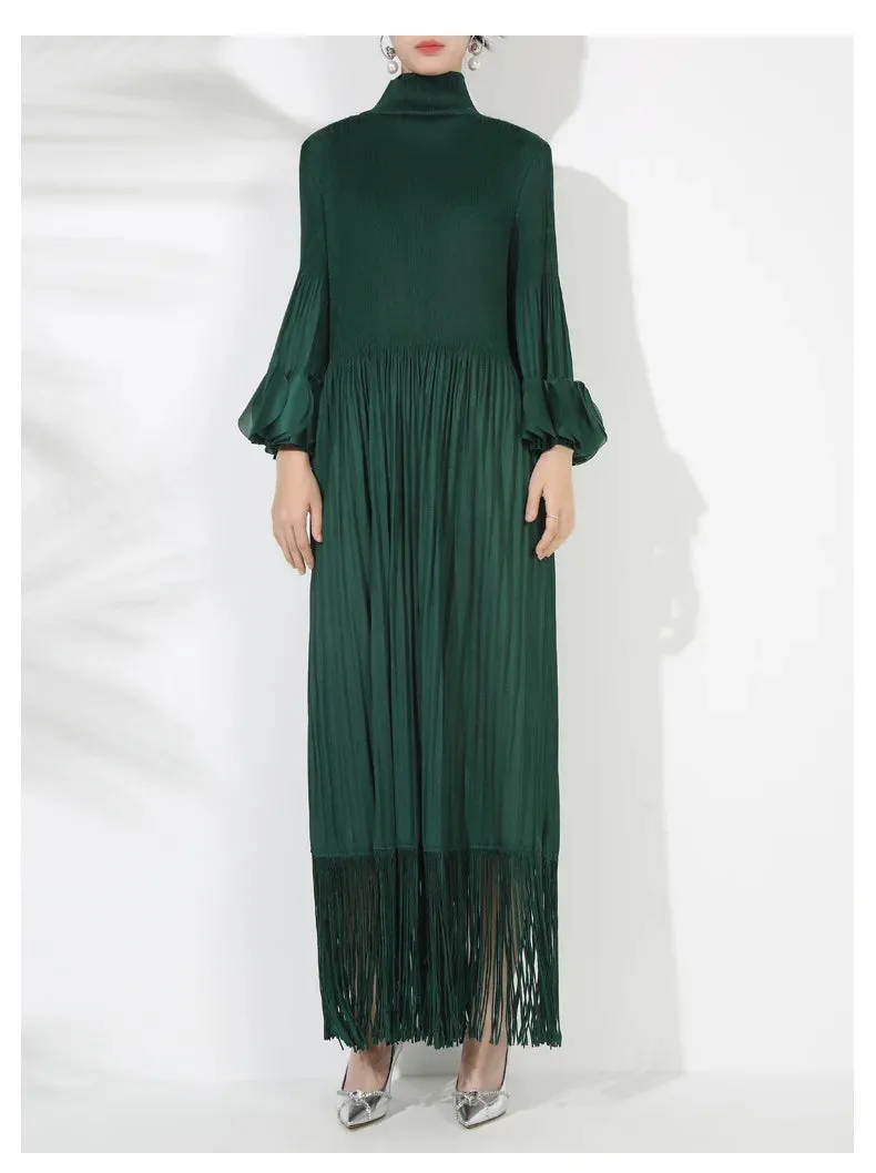 Pleated Long Sleeve Midi Dress with Tassels