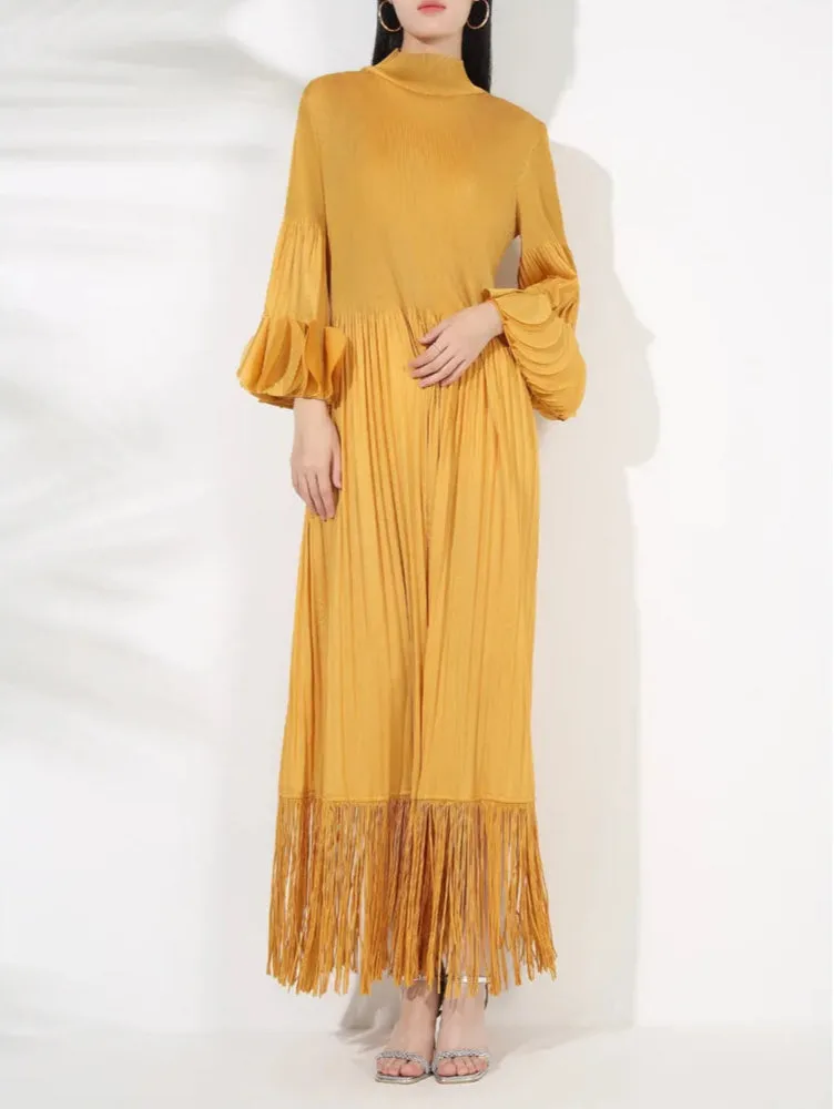 Pleated Long Sleeve Midi Dress with Tassels
