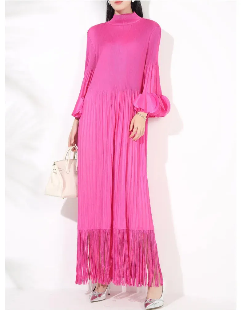 Pleated Long Sleeve Midi Dress with Tassels