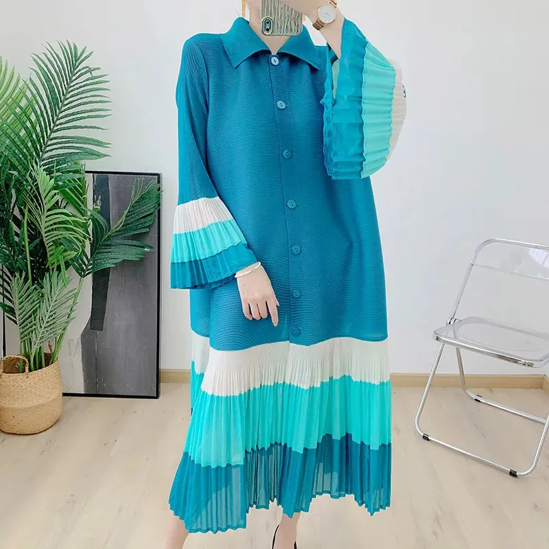 Plisse Pleated Blouse Long Sleeve Dress