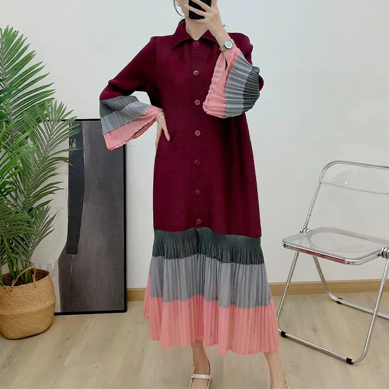 Plisse Pleated Blouse Long Sleeve Dress