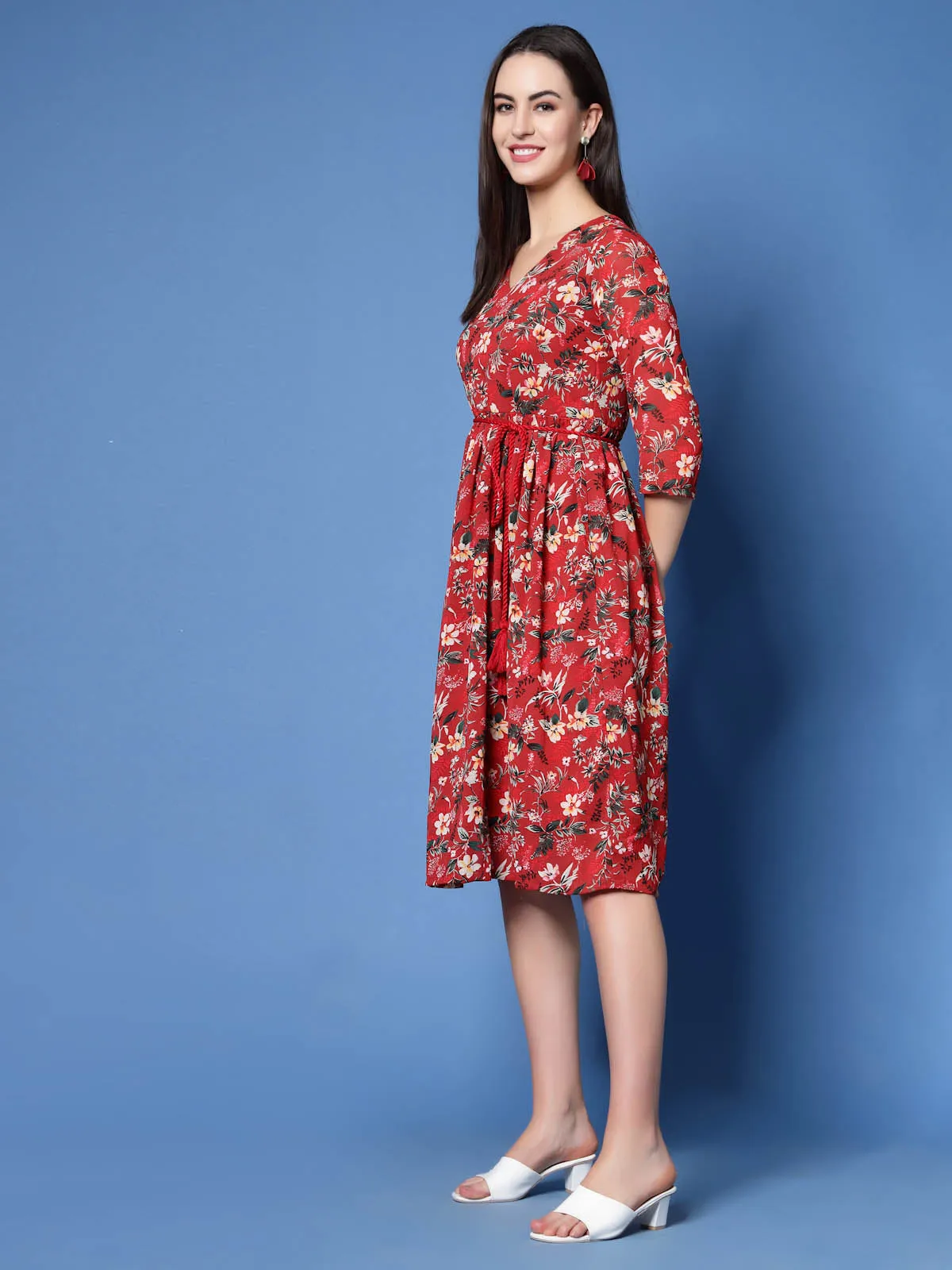 Red Floral Print V-Neck Fit  Flare Pleated Dress