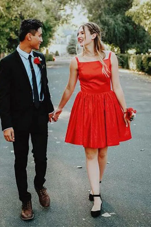 Red Short Homecoming Dresses Square Neck Mini Party Dresses PDA147