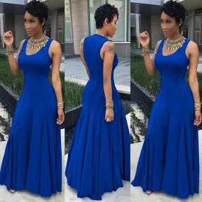 Scoop Sleeveless Solid High-waist Pleated Long Dress