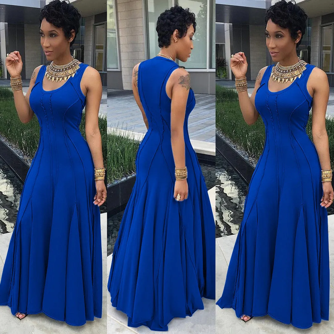 Scoop Sleeveless Solid High-waist Pleated Long Dress