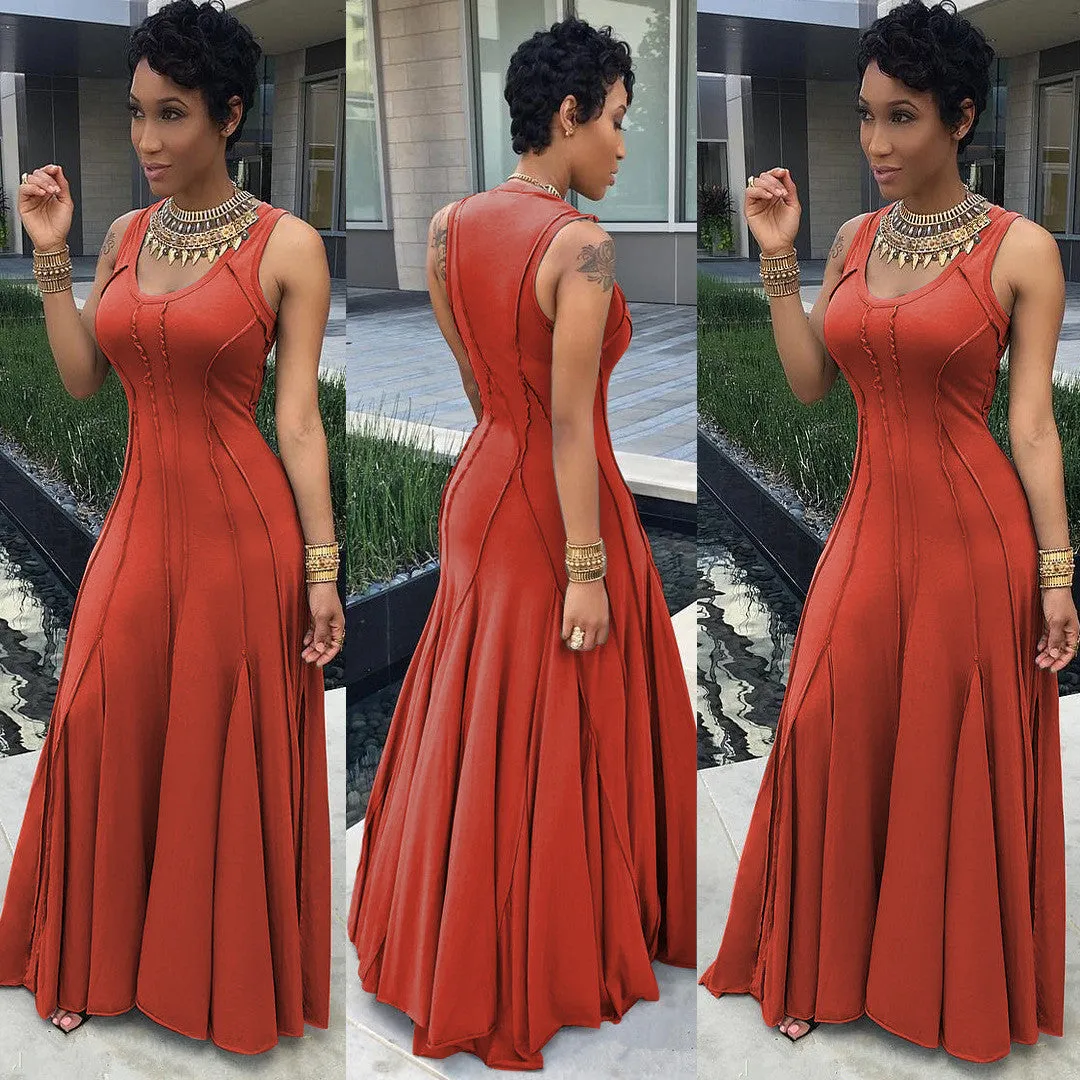 Scoop Sleeveless Solid High-waist Pleated Long Dress