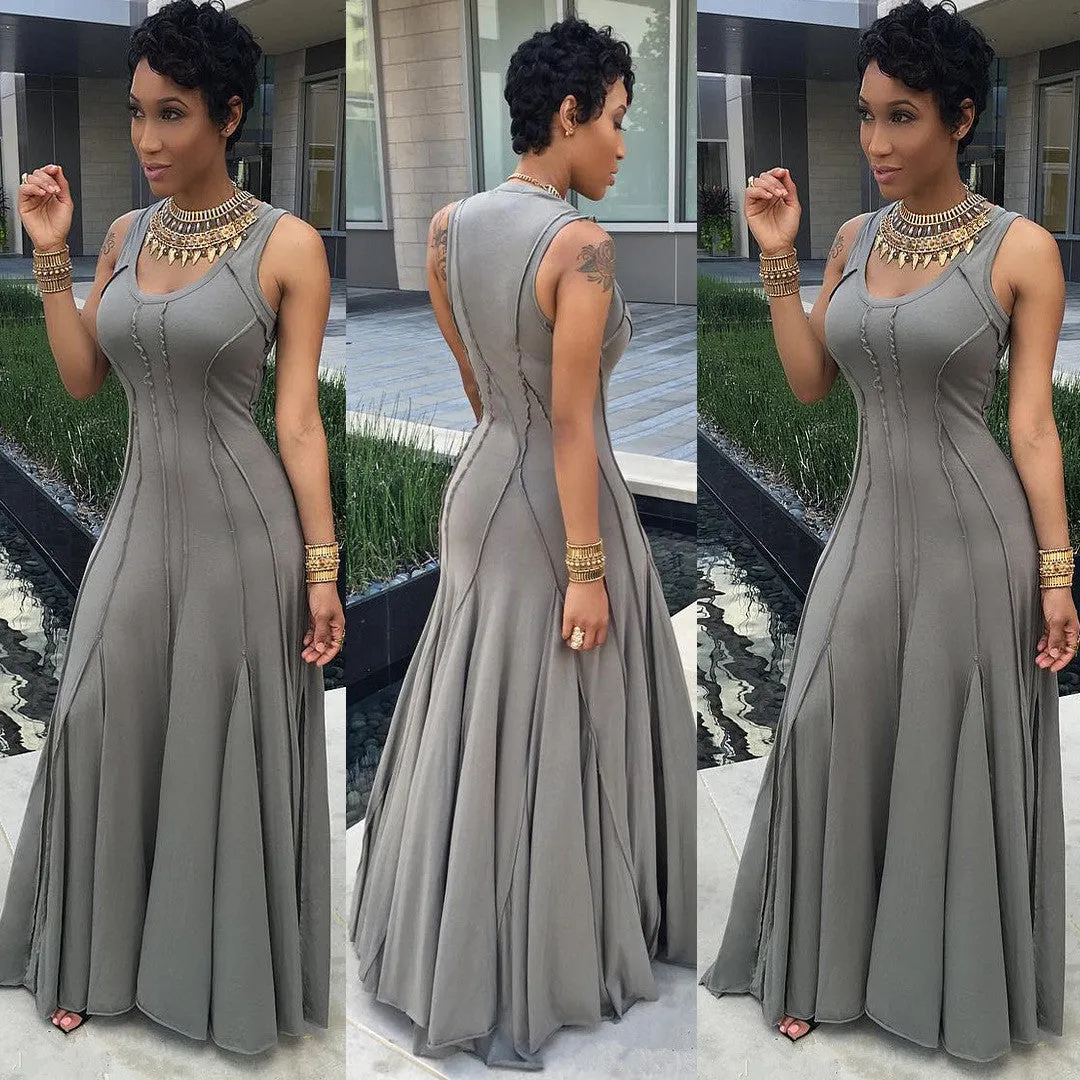 Scoop Sleeveless Solid High-waist Pleated Long Dress