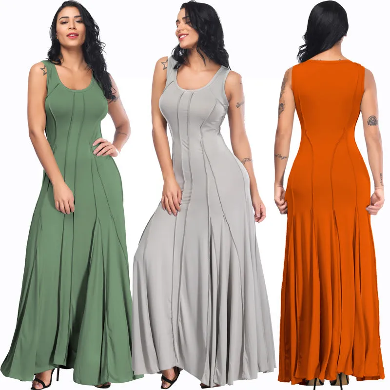 Scoop Sleeveless Solid High-waist Pleated Long Dress